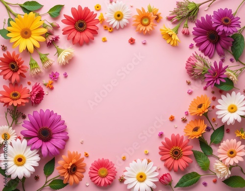 Vibrant gerbera daisies and small blossoms arranged in a cheerful frame on a soft pink background.