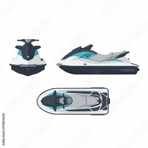 Jet Ski Vector Illustration Set: Front, Side, and Top View Designs