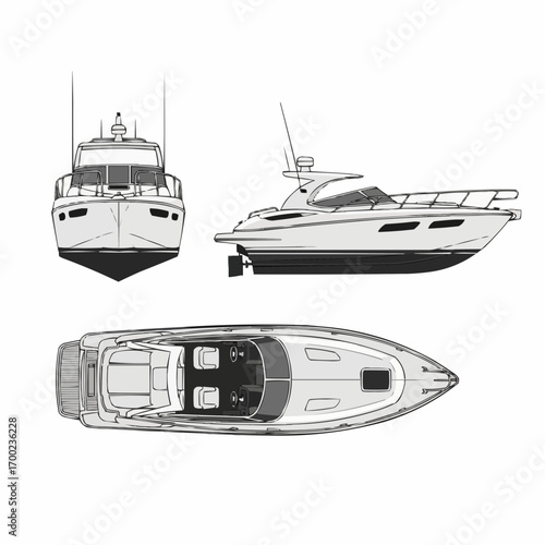 Motorboat blueprint illustration in white on white background, top side and front view