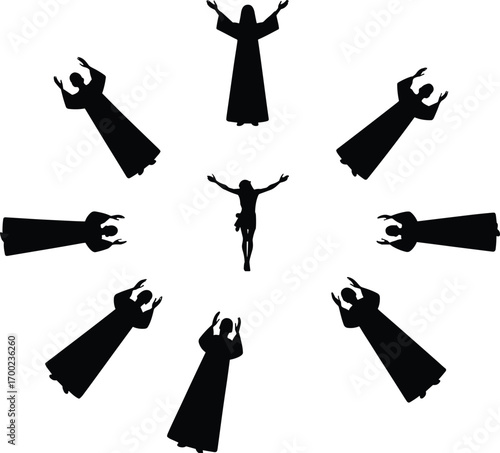 Spiritual ritual silhouette, worship illustration, radial symmetry design, black vector art, religious devotion, symbolic figures, minimal background, sacred pose, cultural concept, unity theme