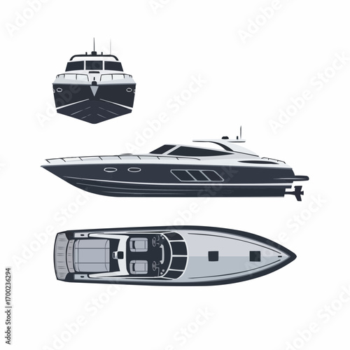 Luxury Motor Yacht Illustration: Side, Top, and Front Views on White Background