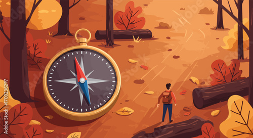 Navigating the Autumn Woods A Compass and a Lone Figure.