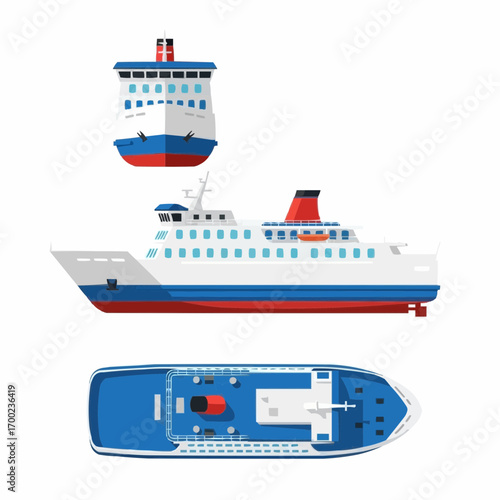 Flat vector illustration of a ferry boat in three different views on white background
