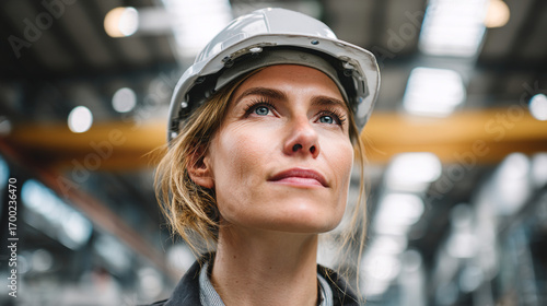 Close up of a woman wearing a hard hat looking up in a factory or industrial environment setting
