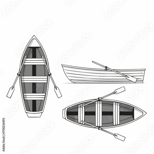 Rowboat Illustrations Set Various Perspectives Boats Rowing Equipment Vector Design