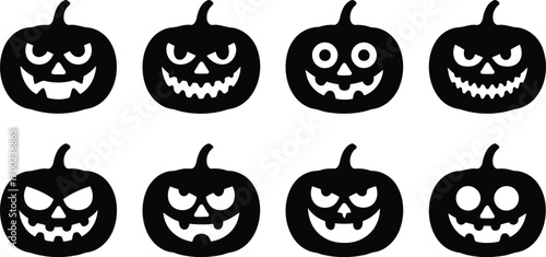 Set of eight black silhouette halloween jack o lantern pumpkin faces with carved spooky expressions on a white background