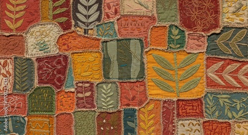 Abstract Floral Patchwork Quilt with Embroidered Details, Textile Art Background