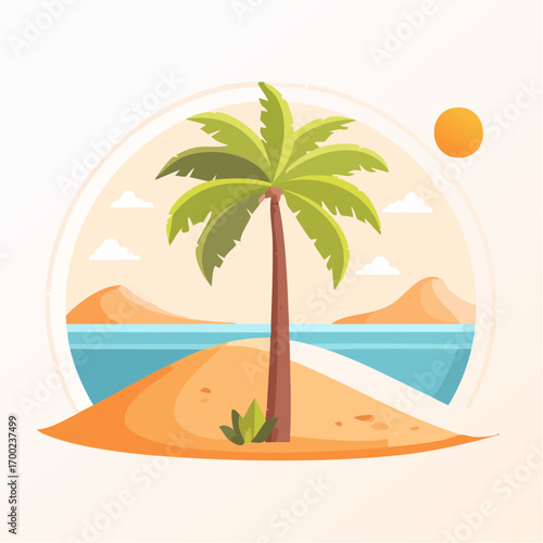 Tropical Island With Palm Tree and Orange Sun