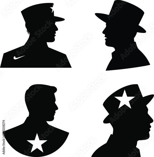 Four distinct silhouette profiles of men wearing hats representing different eras and military or historical figures in black on white