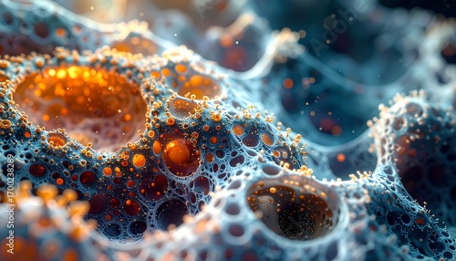 Intricate, abstract, cellular structure displays a stunning blend of blues and golds, highlighting a complex network of interconnected cavities.