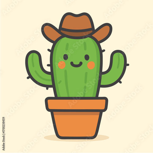 Adorable green cartoon cactus character with a cute smiling face wearing a brown cowboy hat in a pot