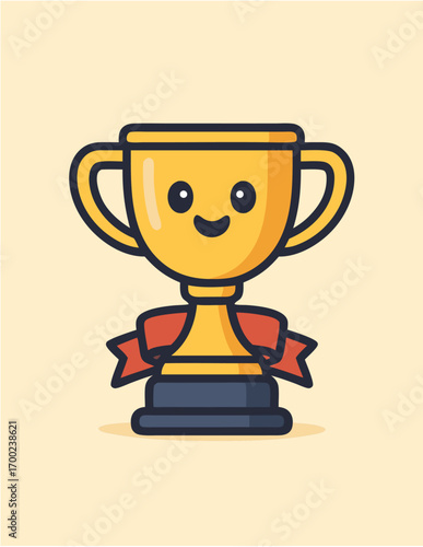 Cute golden trophy cup with a smiling face and red ribbon, a symbol of victory and achievement