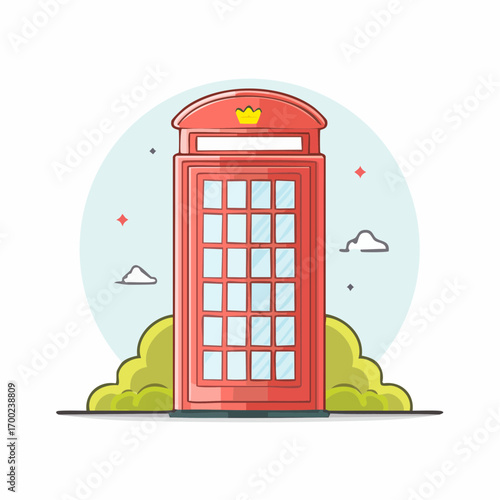 Red British Telephone Booth in Lush Green Landscape with Clouds and Stars