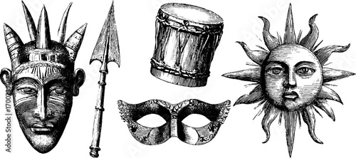 African cultural elements in vintage engraving style for creative design