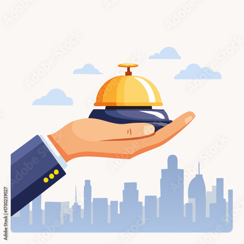 Hand Holding A Gold Service Bell With Cityscape
