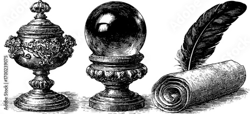 Mysterious alchemy elements in vintage engraving style for creative design