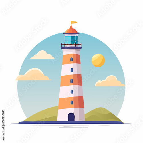 Orange And White Striped Lighthouse On Hill With Clouds And Sun