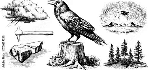 Arctic adventure in vintage engraving style featuring raven and nature elements