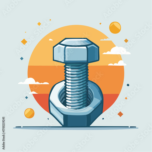 Pixel Art Metal Bolt And Nut Against Orange Sunset Circle