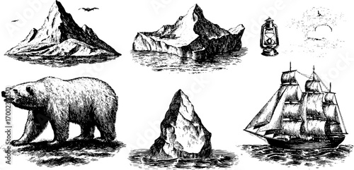 Arctic exploration: vintage engraving style with polar bear and sailing ship