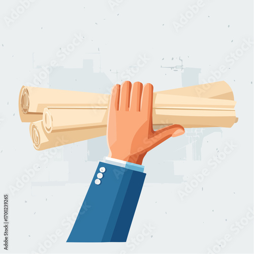 Hand Holding Rolled Up Paper Plans On White Background