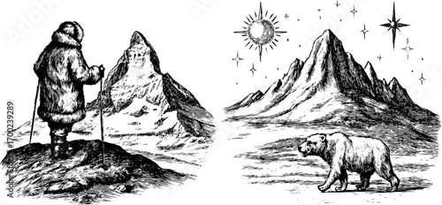 Arctic expedition in vintage engraving style with explorer and polar bear