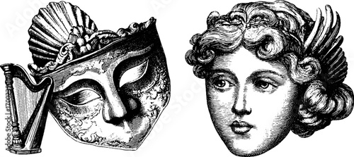 Baroque vintage mask and face engraving style illustration for art and design