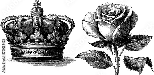 Baroque vintage engraving style of crown and rose for retro design