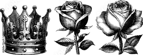 Baroque crown and rose vintage engraving style art for design and decor