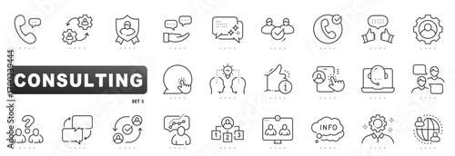 Consulting outline icons for business strategy, advisory communication, analysis, planning, coaching, support, client service, collaboration, global teamwork, professional presentations, vector