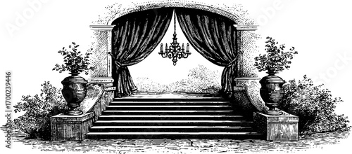 Baroque vintage style engraving of an elegant staircase with chandelier and curtains for decorative design