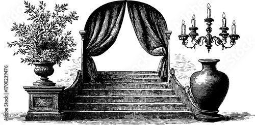 Elegant baroque vintage engraving style with staircase and chandeliers for classic design