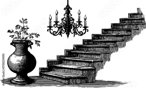 Baroque vintage engraving style illustration of staircase and chandelier
