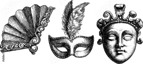 Art deco vintage mask and fan engraving set for retro design projects