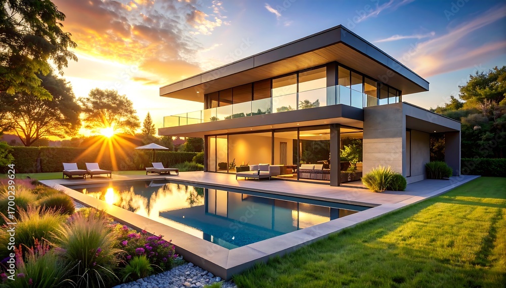 Fototapeta premium Sophisticated Modern House with Pool – Sunset View and Elegant Lifestyle