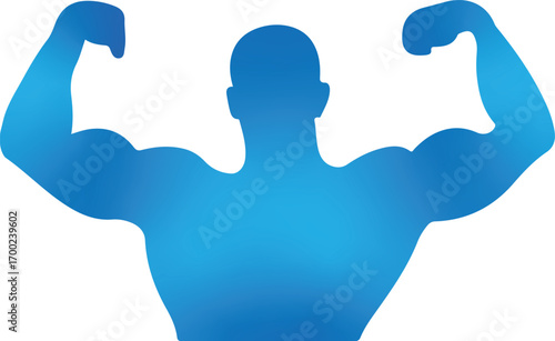 Strong Silhouette: A bold blue silhouette of a muscular man, flexing his biceps, embodies strength, health, and fitness. A symbol of empowerment and peak physical condition.