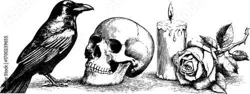 Mysterious noir scene with skull, raven, candle, and rose in vintage engraving style for gothic art and decor