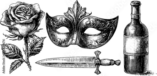 Vintage noir engraving set featuring mask, rose, dagger, and bottle