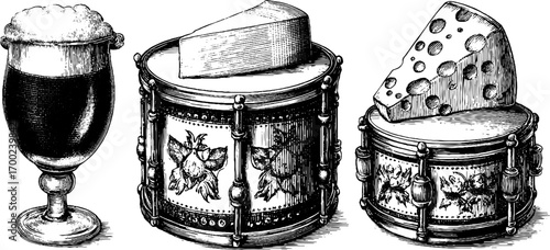 Beer and cheese party with musical vibe in vintage engraving style