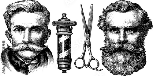 Vintage barber shop illustration with engraving style of classic barber pole and tools