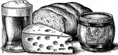Vintage beer party celebration with cheese, bread, and barrel engraving illustration