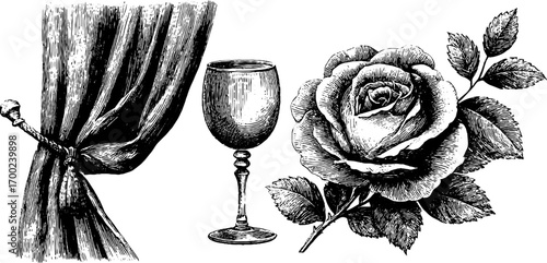 Romantic cityscape with curtain, wine glass, and rose in vintage engraving style for elegant designs