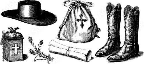 Colonial era travel artifacts in vintage engraving style for historical design projects