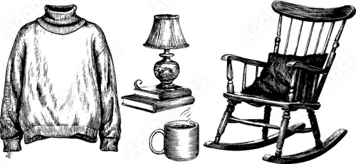 Cozy home vibes with vintage engraving style: sweater, lamp, books, rocking chair, and tea cup