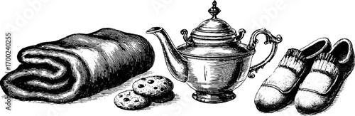 Cozy home elements in vintage engraving style: teapot, blanket, cookies, and slippers