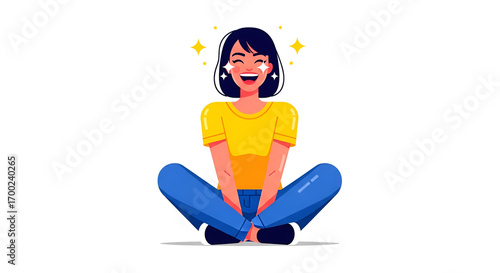 Joyful young woman with sparkling eyes sitting cross-legged in a cheerful vector illustration on a white background