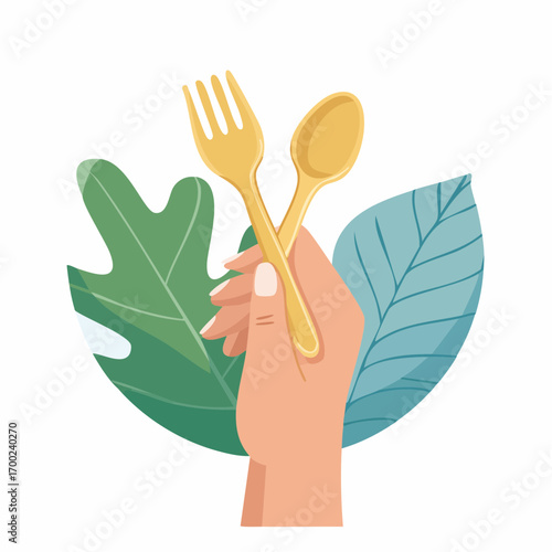 Hand Holding Wooden Spoon and Fork with Tropical Leaves