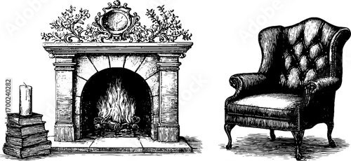 Cozy home interior with fireplace and armchair in vintage engraving style for retro design