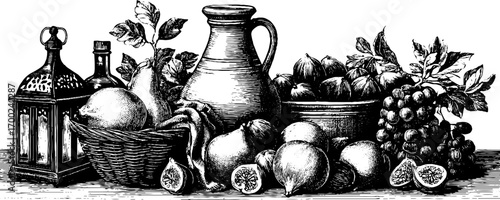 Vintage eastern bazaar still life with fruits and lamp in engraving style for retro design