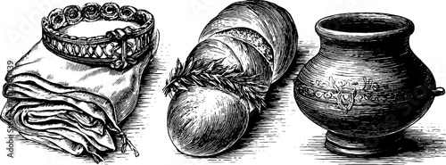Eastern market vintage scene: hand-drawn bread, pottery, and textiles for retro decor